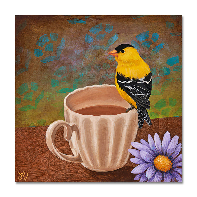 Tea Time Goldfinch 8X8 Acrylic On Wood