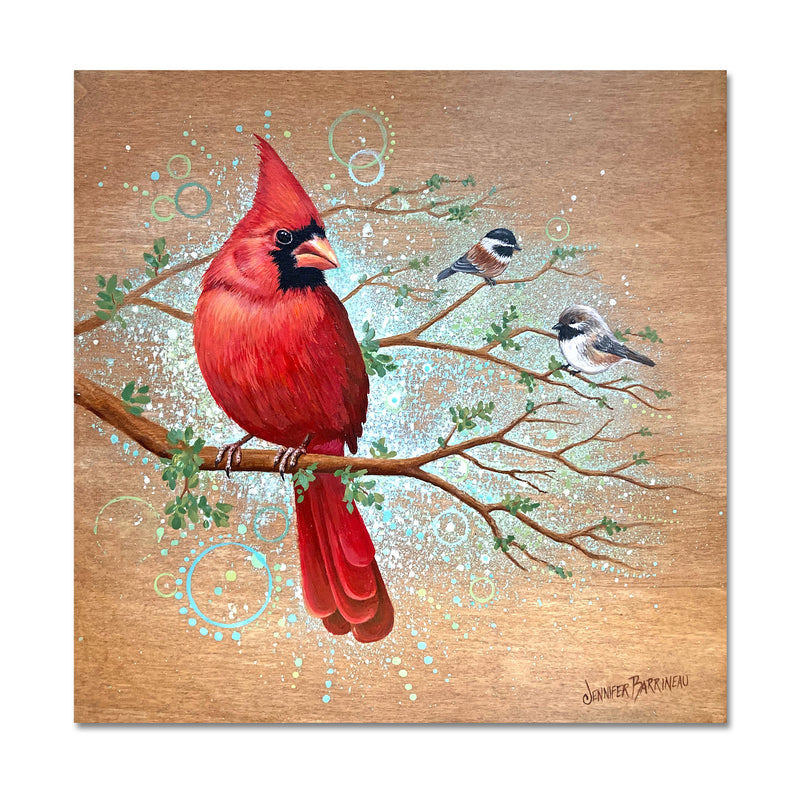 Feathered Friends - Cardinal With Chickadees 12X12 Print
