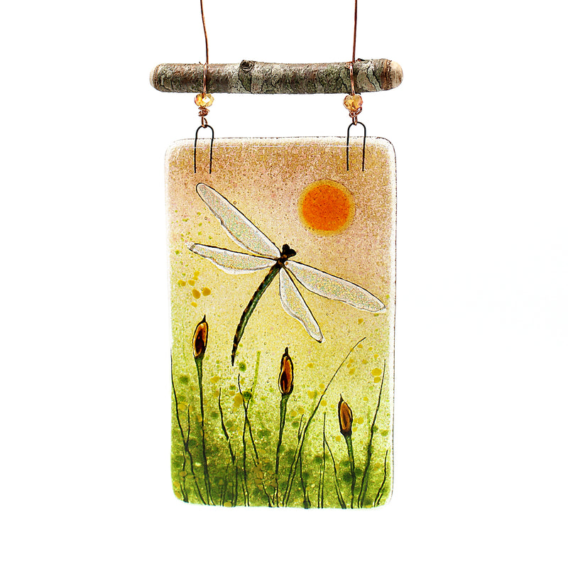 Dragonfly & Cattails Fused Glass