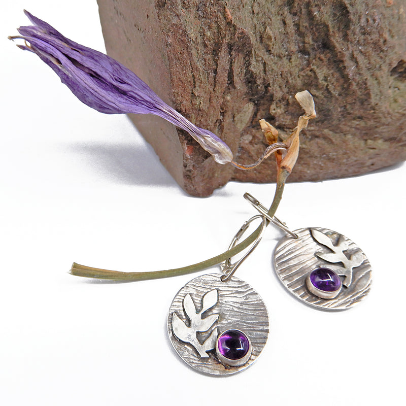 Amethyst and Silver Leaf Earrings