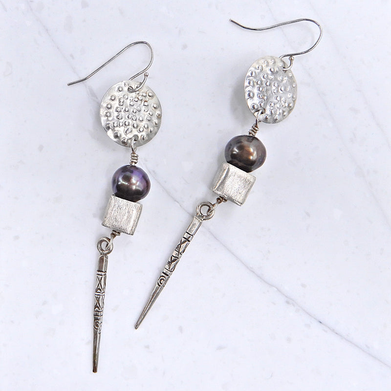 Silver Quill and Pearl Earrings