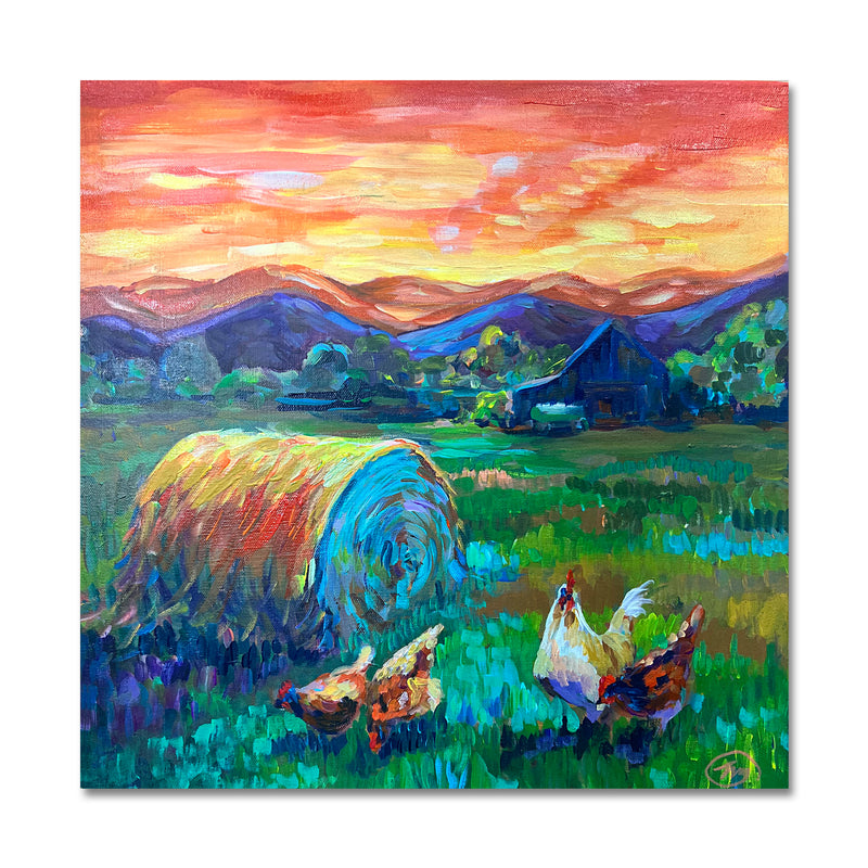 Golden Hour Hens 18X18 Acrylic On Canvas