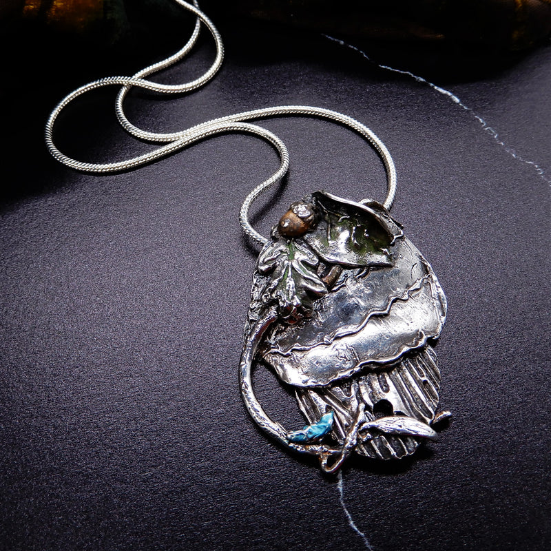 Enamel Bird & Acorn Necklace