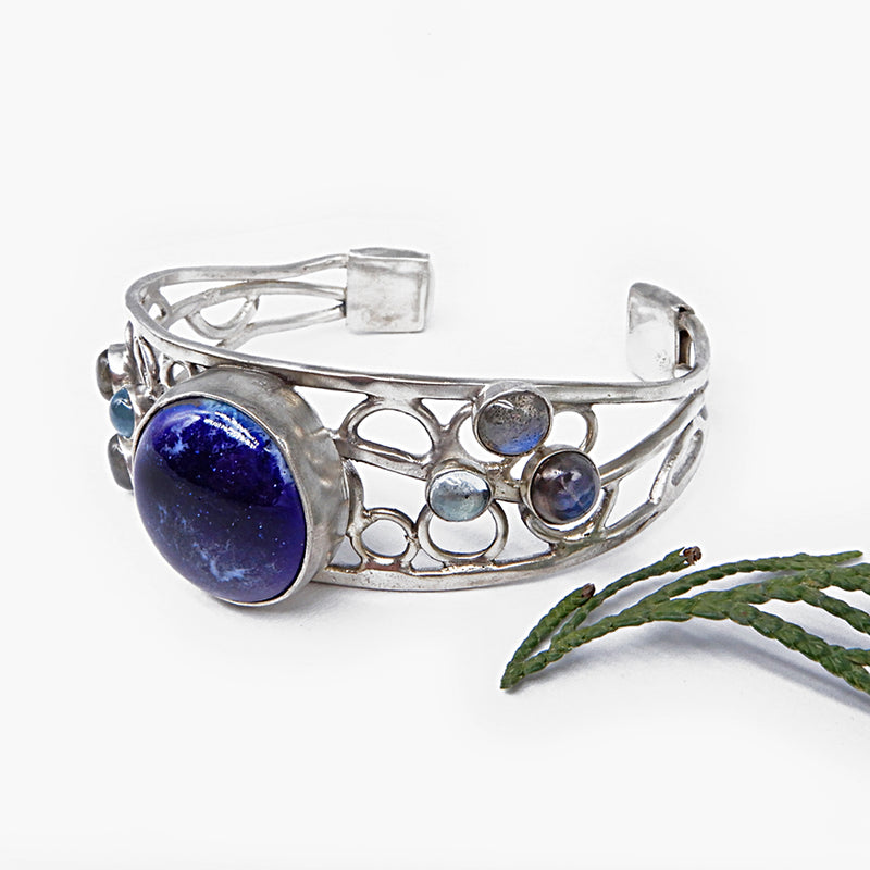 Gemstone Cuff Bracelet With Cobalt Pottery Cabochon