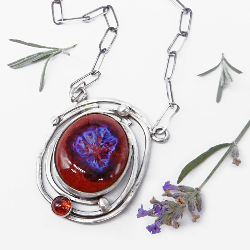Necklace With Garnet and Peachbloom Pottery Cabochon