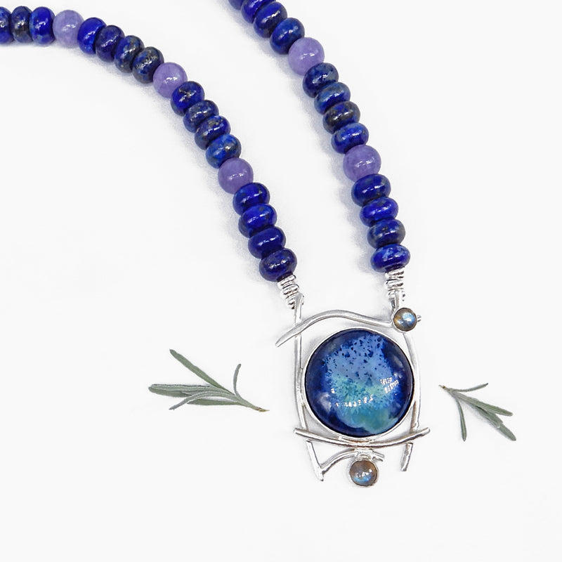 Lapis and Labradorite Necklace With Pottery Cabochon