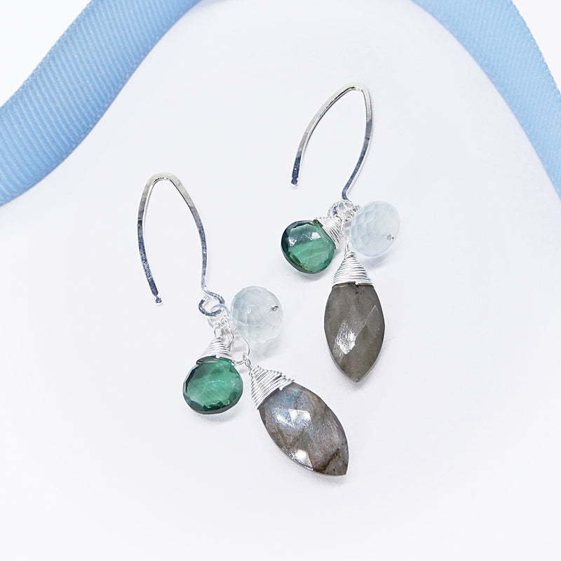 Labradorite/Indicolite/Aqua Chalcedony Earrings in Silver