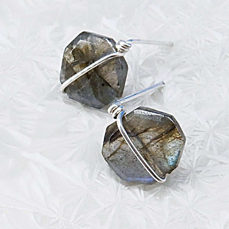 Wire Wrapped Labradorite Stud Earring in Silver