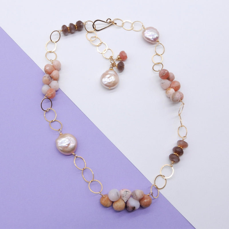 Pink Opal and Chocolate Moonstone Link Necklace In Gold