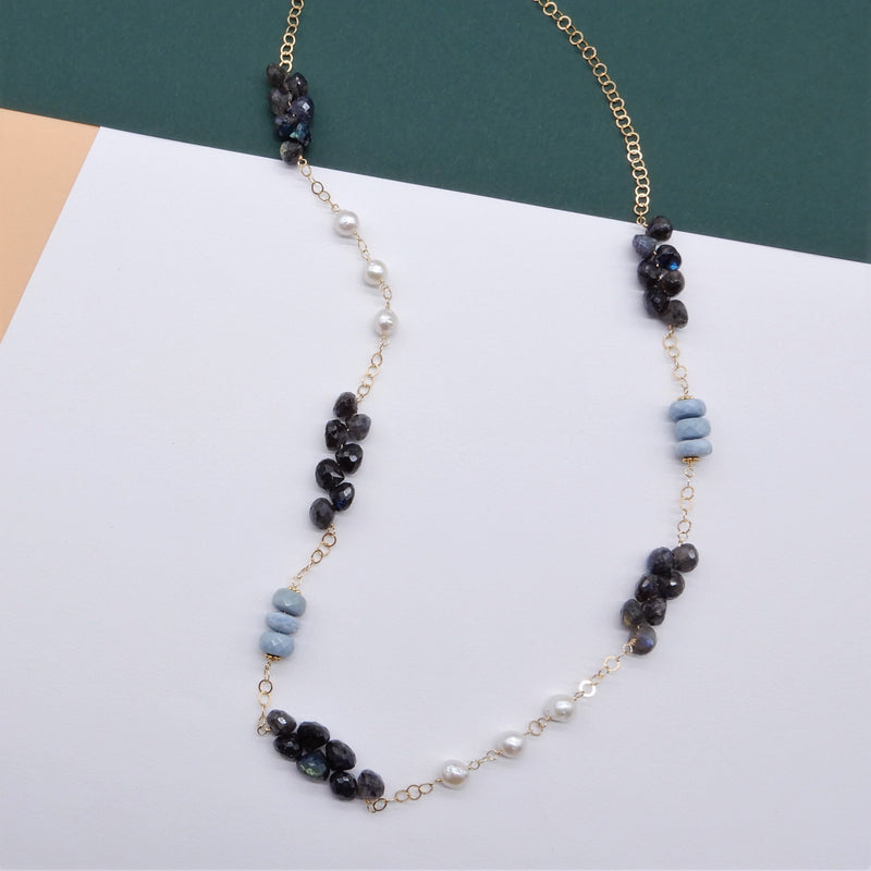 Blue Labradorite, African Opal, & Pearl Link Necklace in Gold