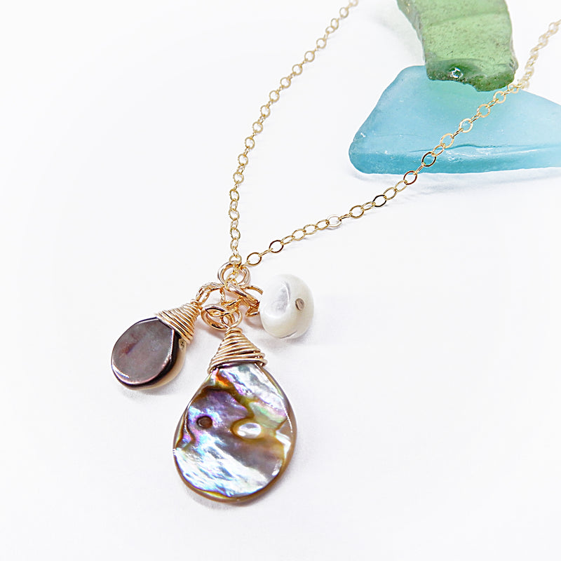 Abalone Teardrop/Pearl Adjustable Necklace in Gold