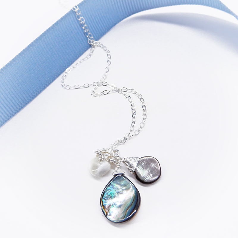 Abalone Teardrop/Pearl Adjustable Necklace in Silver