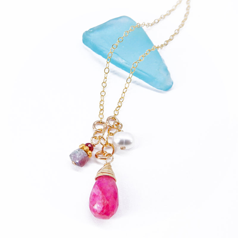 Ruby Moonstone, Ruby Zoisite Drop & Pearl Adjustable Necklace in Gold