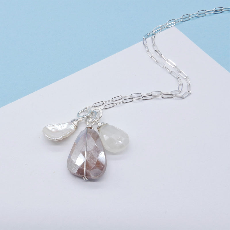 Champagne Moonstone, Pearl, & White Chalcedony Charm Necklace in Silver