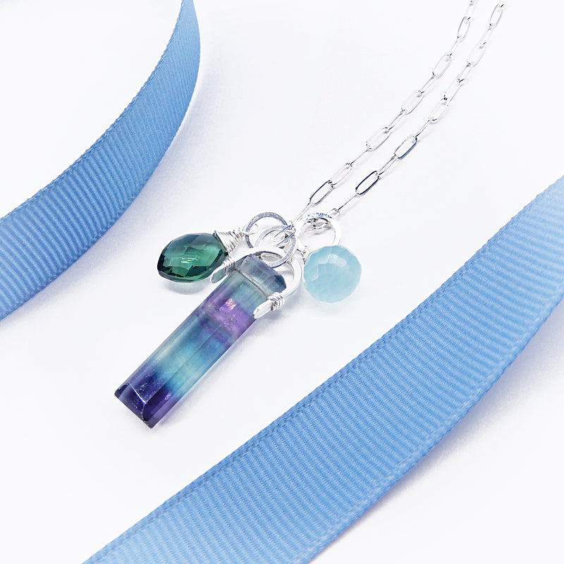 Rainbow Flourite Bar w/Indicolite/Aqua Chalcedony Adjustable Necklace in Silver