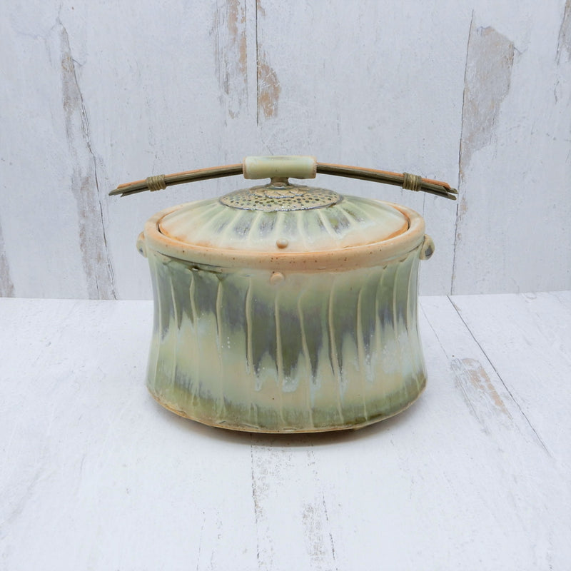 Green Lidded Oval Decor Piece w/Reeds & Tab Accents